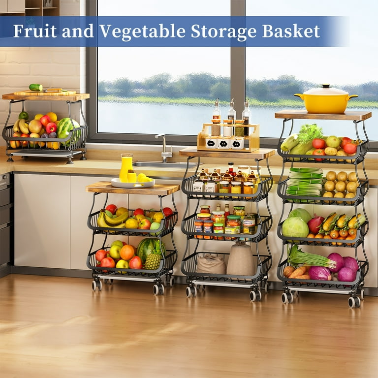 Fruit Basket for Kitchen with Wood Top 5 Tier, SAYZH Stackable Fruit and  Vegetable Storage Cart, Wire Storage Basket with Wheels, Vegetable Basket  Bins Rack for Onions and Potatoes, Black 
