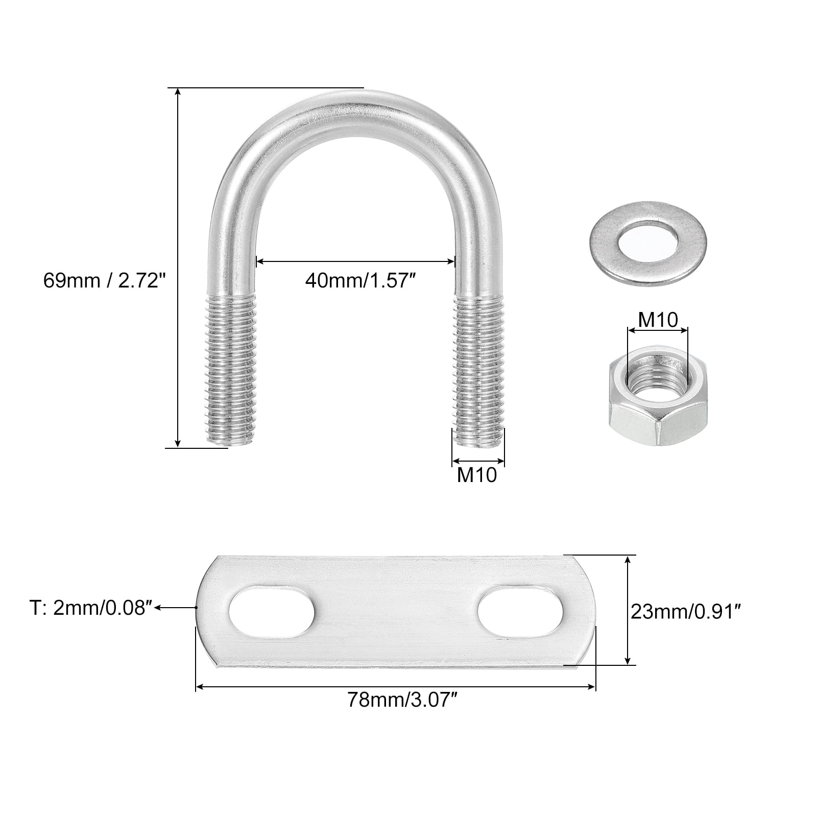 Round U-Bolts, 6 Sets 38mm(1.5") Inner Width 69mm Length M10 304 Stainless Steel U Clamp Bolt with Nuts and Plates