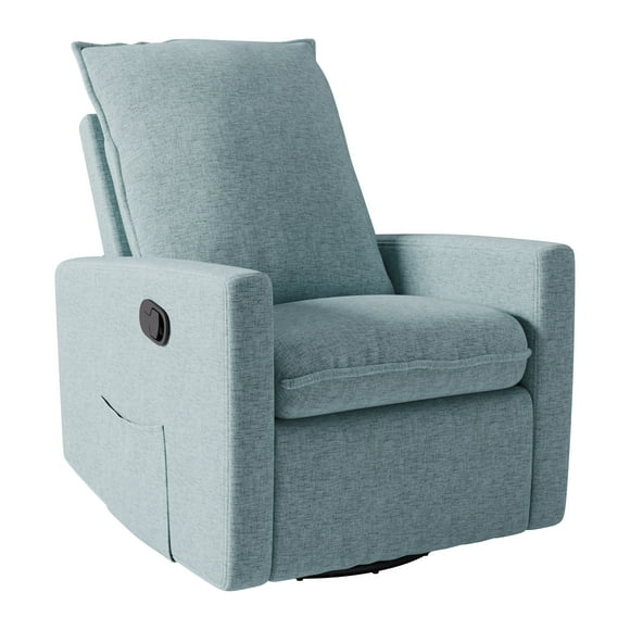 Kris & Alley Evelyn Blue Textured Fabric Upholstered Plush Glider Swivel Manual Recliner with Side Pocket for Storage