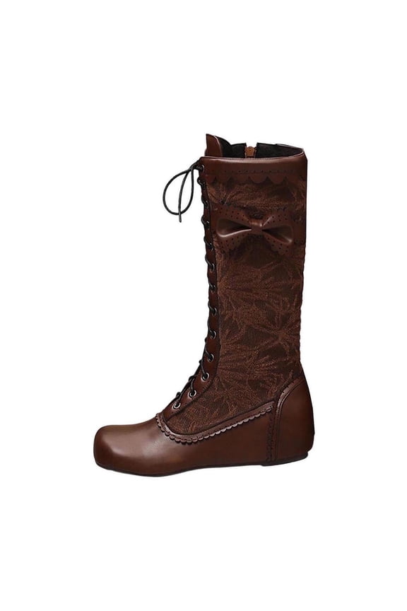 Knee-High Boots Women's Casual Winter Fashion Solid Color Bow Round Toe Side Zipper Flat Stylish Footwear