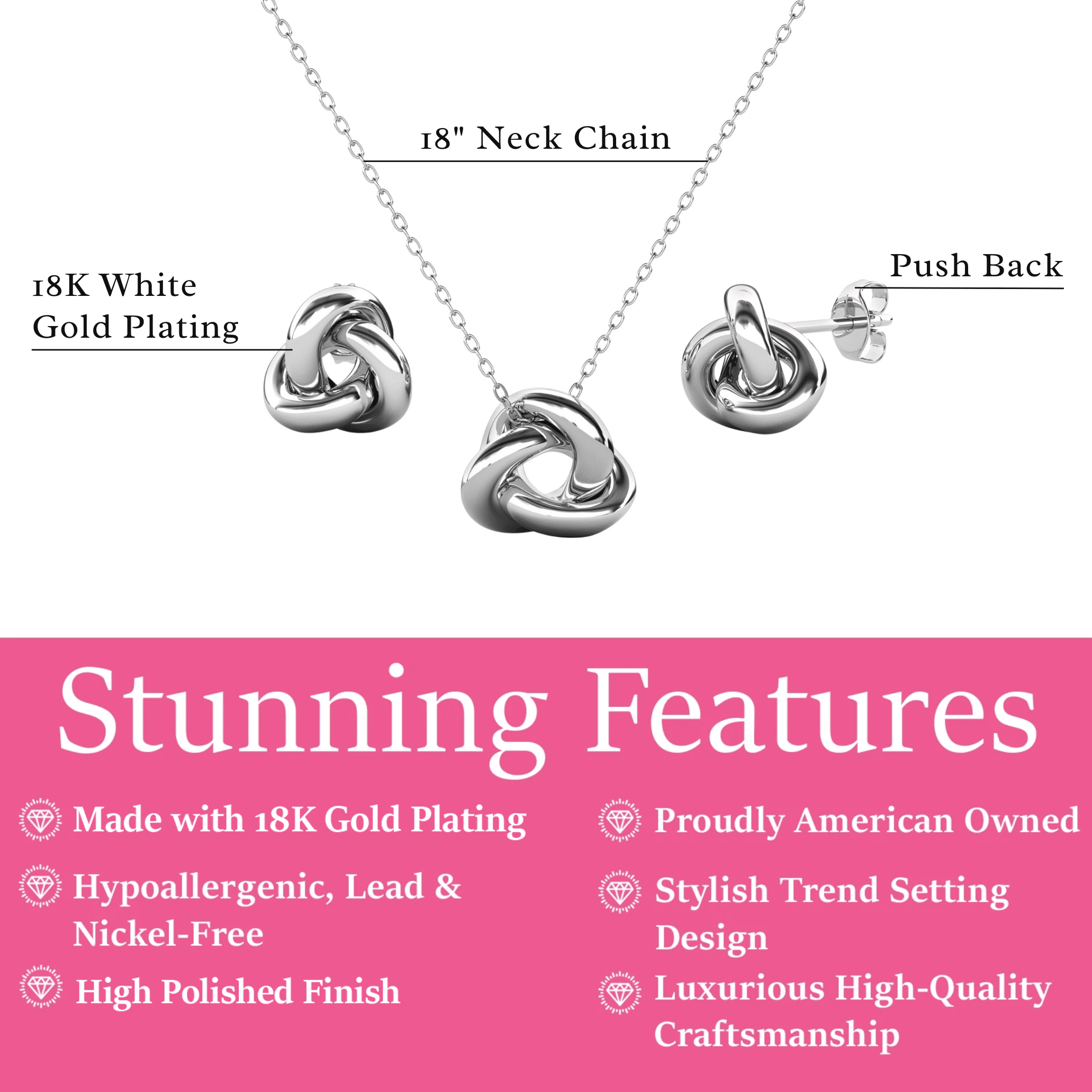 Cate & Chloe Ashley 18k White Gold Plated Knot Jewelry Set, Gift for Women