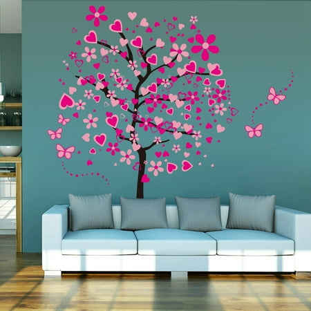 Tree Of Life Wall Mural Pink Love Heart Tree Wall Stickers Butterfly Wall Decor Mural Wall Decal for Bedroom Living Room Kids Girls Bedroom Baby Room ()