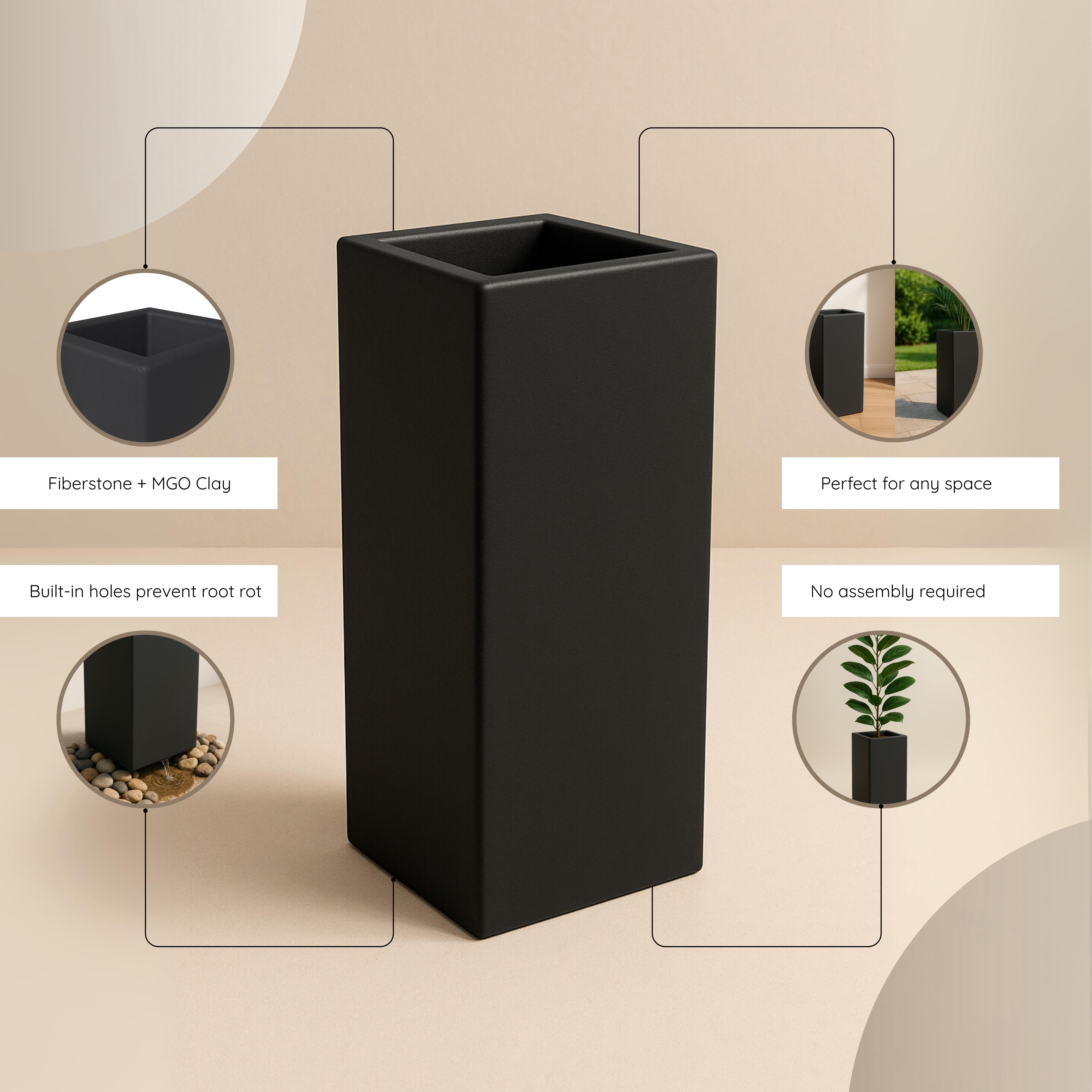 LeisureMod Terra Fiberstone and MGO Clay Planter, Mid-Century Modern Tall Square Planter Pot for Indoor and Outdoor (Black, 20 Inch)