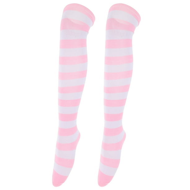 EeaseMX Par de calcetines de mujeres de ancho rayas muslo alta sobre la rodilla medias calcetines (Rosa y blanco)