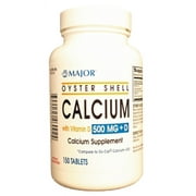 Major Oyster Shell Calcium with Vitamin D Cholecalciferol Supplement Tablets, Green, 500 mg, 150 Count