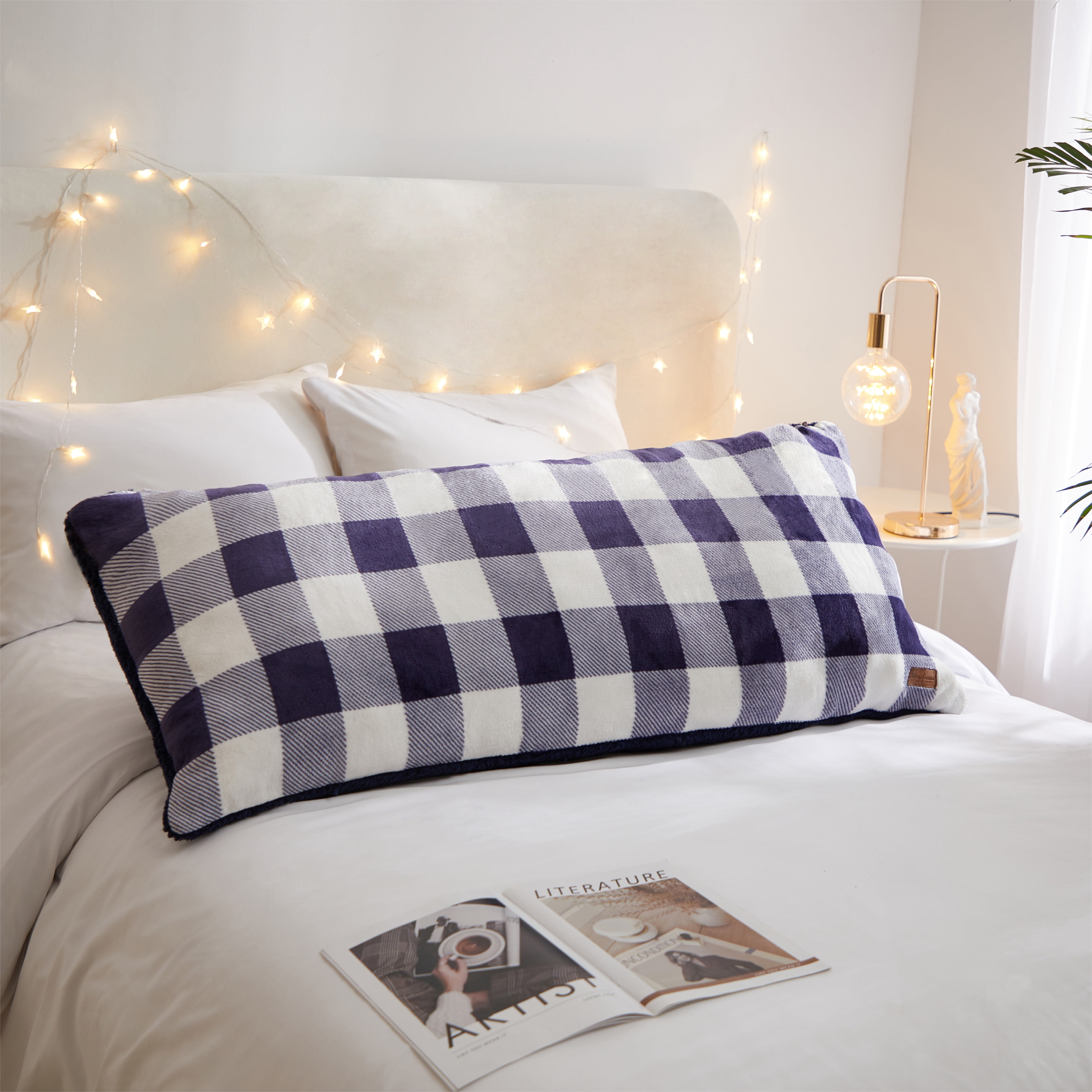 Dearfoams Royal Plush Reverse to Super Soft Sherpa Body Pillow, 20" x 48", Navy White Check, Polyester Fill
