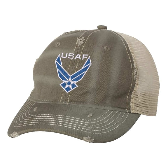USAF Cap - Distressed Air Force Logo - Vintage Military Trucker Baseball Hat Strapback (Olive)