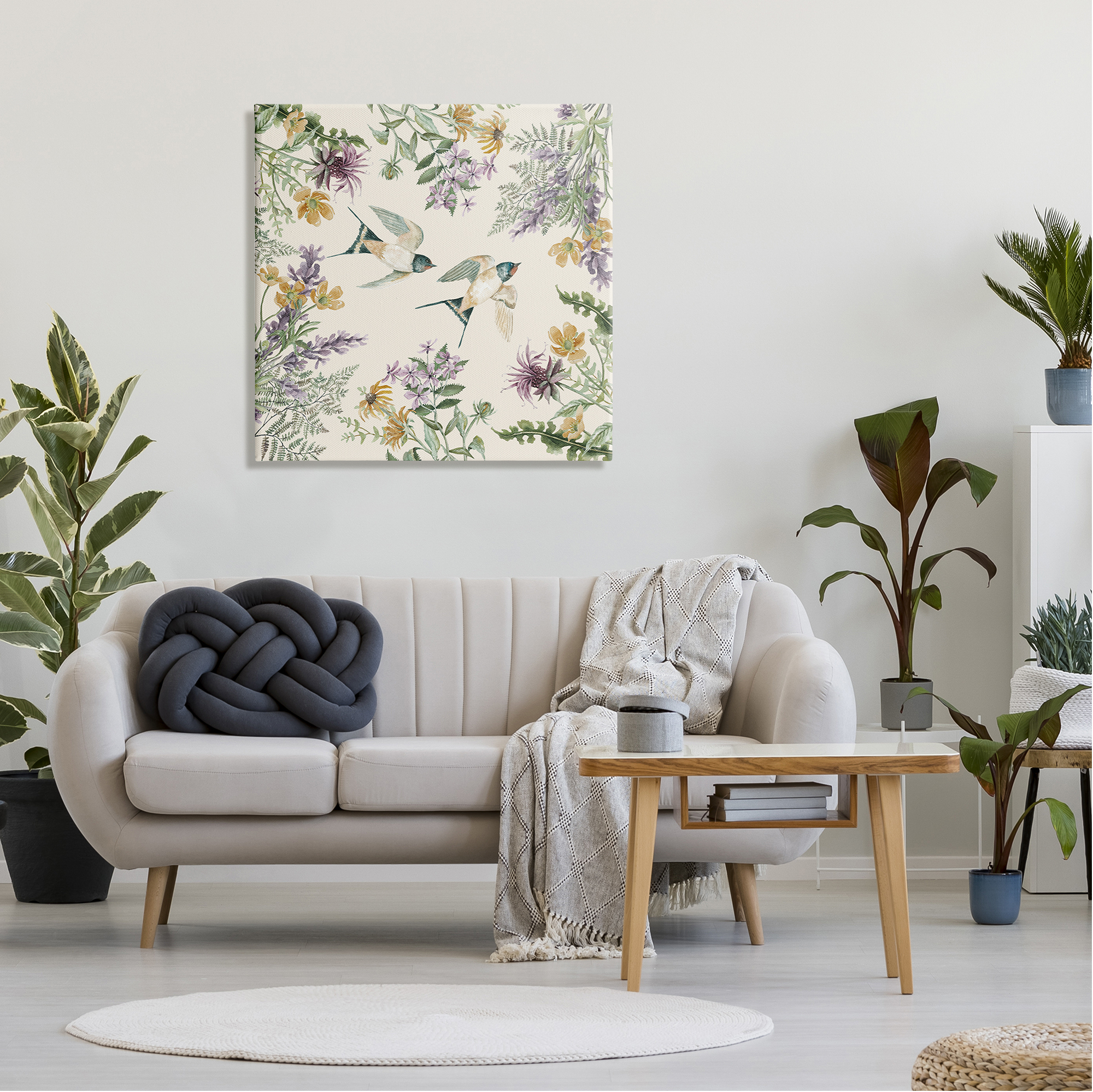 Stupell Two Birds Cottage Floral Herbs Animals & Insects Painting Gallery Wrapped Canvas Print Wall Art