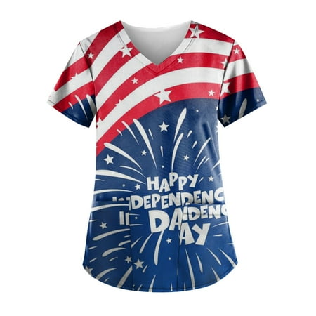 

Sksloeg Scrubs Tops Women Stretchy American Flag Print Patriotic Tops Nursing Working Uniform Short Sleeve V-Neck T-Shirts with Pockets Blue XXXXXL
