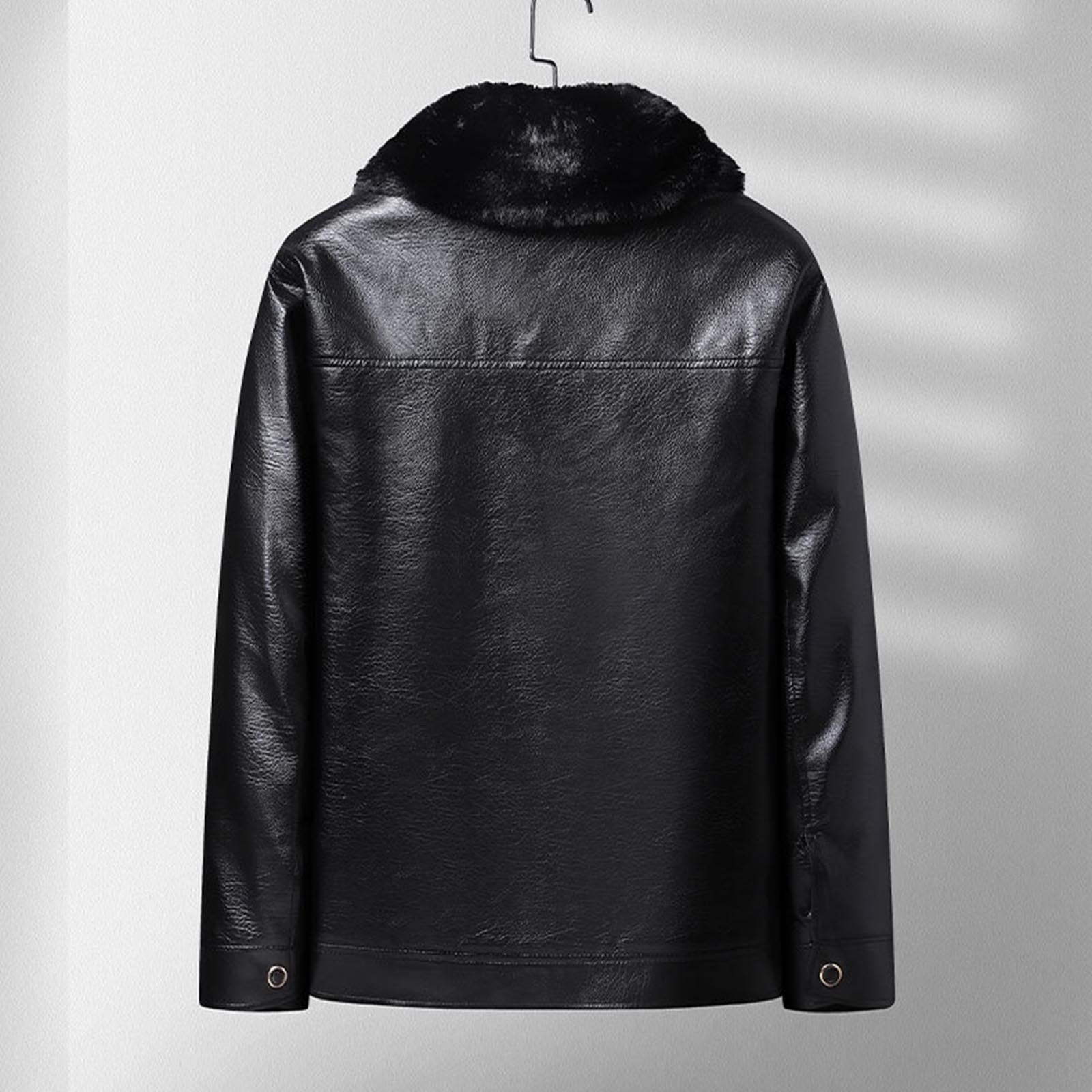 Mens Classic Faux Leather Jacket Detachable Fur Collar Vintage Leather Coat Warm Fleece Lined Jackets