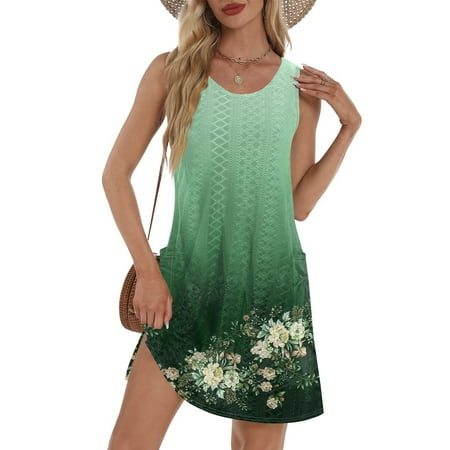 GXIPO Swim Dress for Women Swimwear Eyelet Sleeveless Swimsuit Coverup Bikini Beach Cover Up Swing Flowy Floral Sun Dress Petite Summer Dresses for Women with Pockets Army Green XL