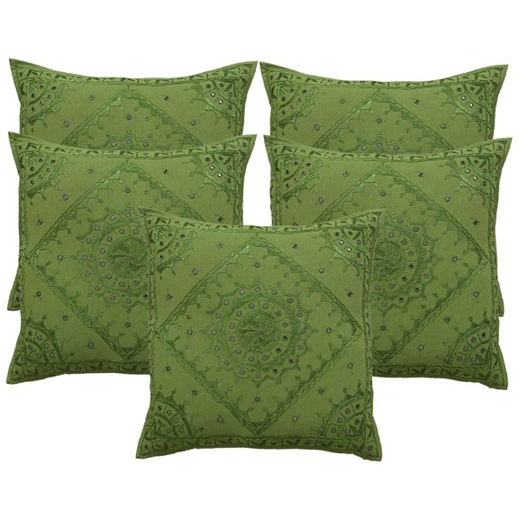Stylo Culture Ethnic Settee Sofa Throw Pillow Covers 24x24 Large Hand Embroidered Parrot Green Boho 60 x 60 cm Home Decor Cotton Mirrored Square Cushion Covers | Set Of 5