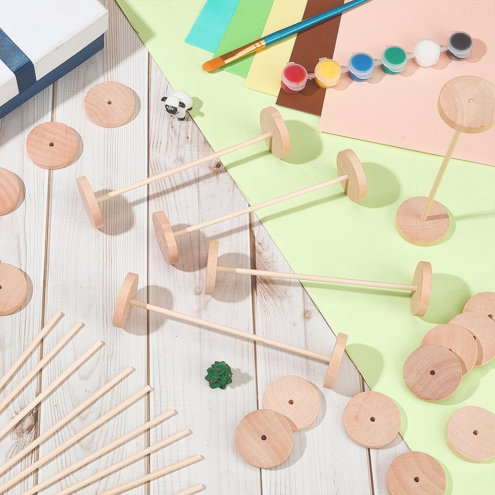 Schima Wood Unfinshed 100Pcs Wheel 50Pcs Stick Sets DIY Wooden Craft Wheat Stick: 15x0.4cm Wheel: 3.8x0.6cm Hole: 3.7mm