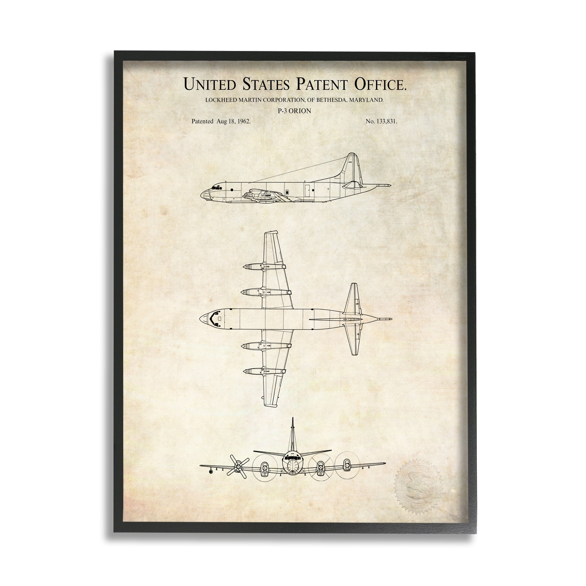 Stupell Industries Vintage Airplane Aircraft Diagram Patent Blueprint Diagram Framed Wall Art, 24 x 30, Design by Karl Hronek