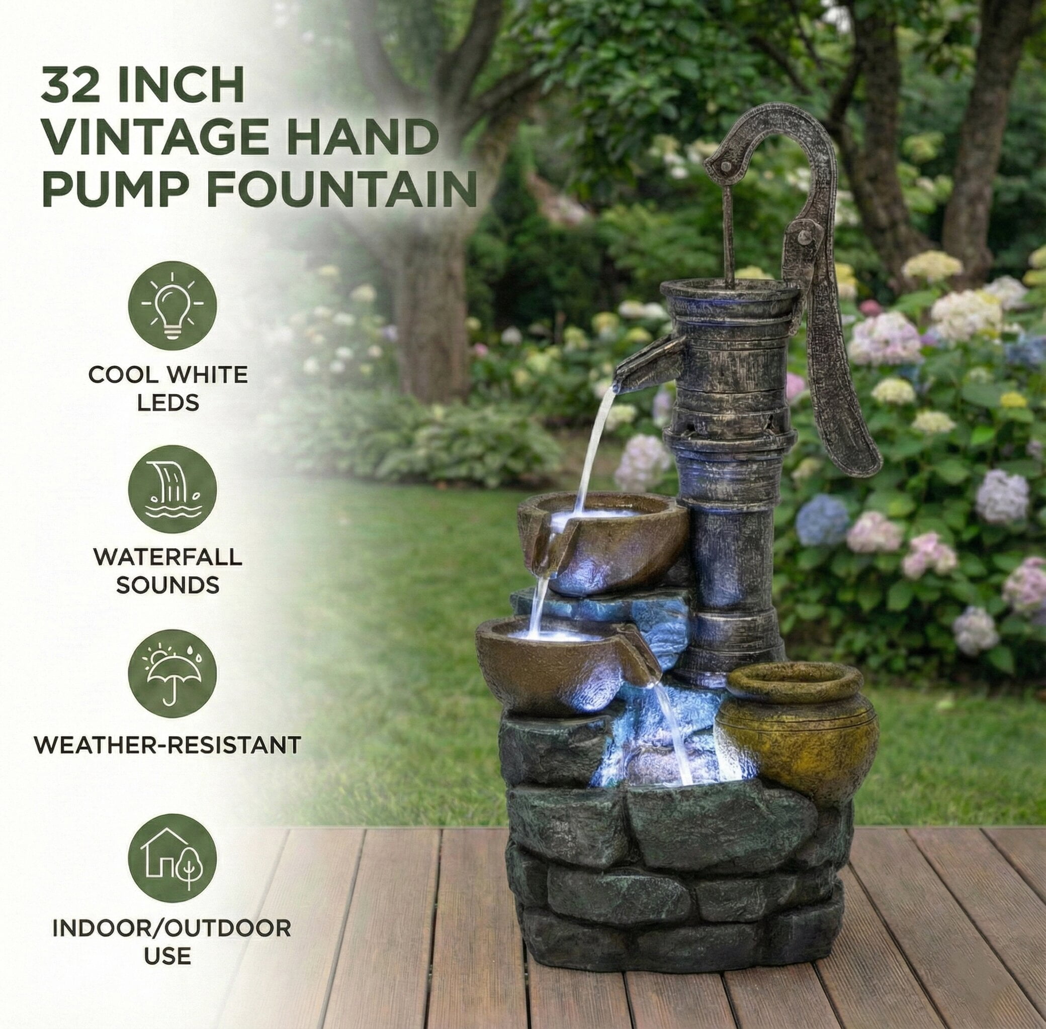 Morufur 32 Inch Outdoor Fountain with Vintage Pump, Garden Waterfall Fountain with LED Lights for Patio Lawn Backyard, Gray