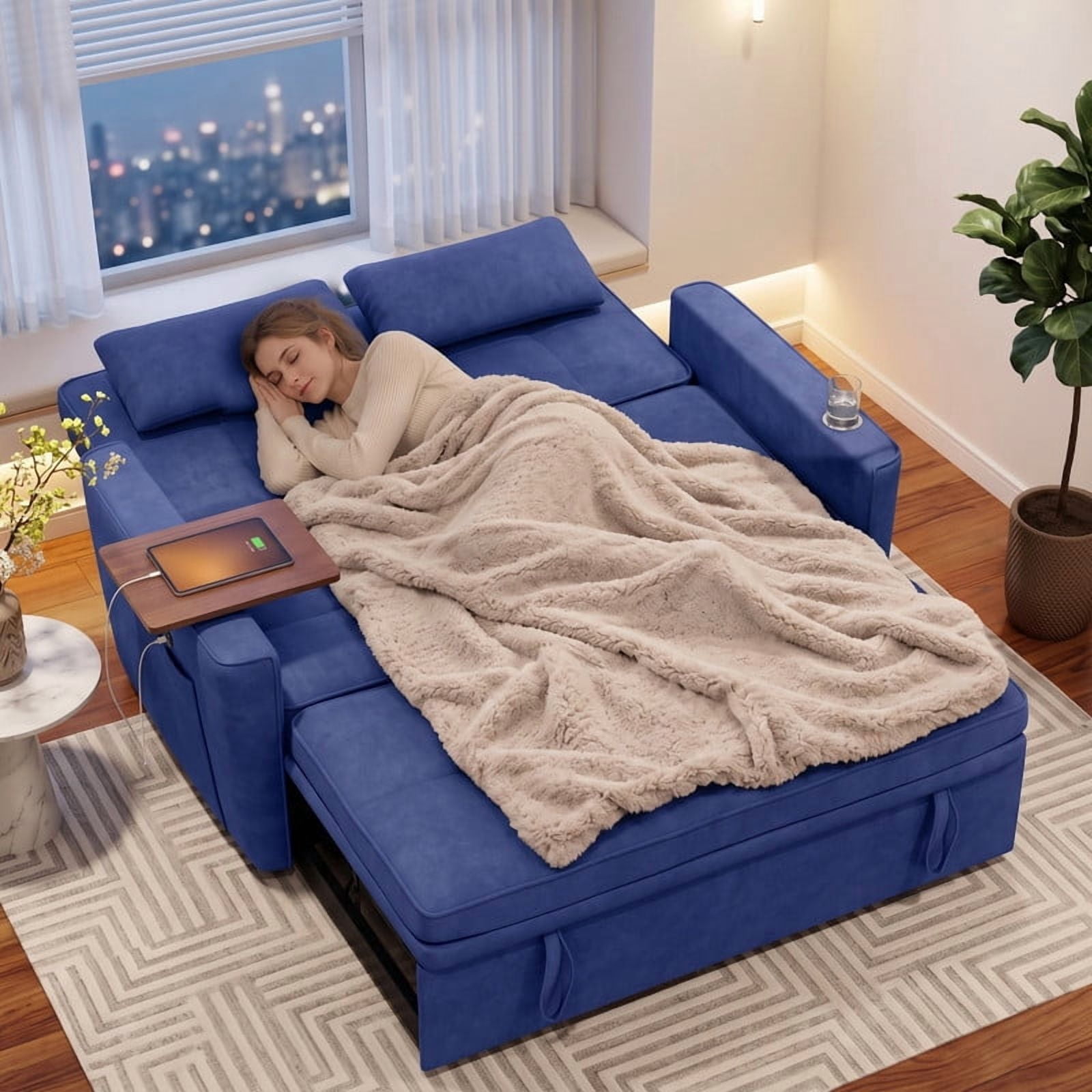 avobird 54'' Pull Out Sofa Bed, Convertible Sleeper Couch for for Living Room, Side Desk, USB Ports, Cup Hold, Velvet Fabric, Adjustable Backrest, Blue