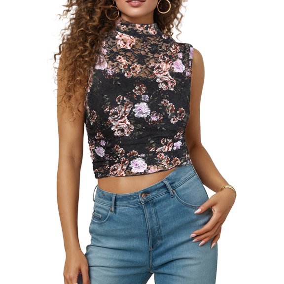 JWD Lace Top with Long Sleeves Stand Collar Embroidered Floral Design Ideal for Parties and Clubs Black Dahlia M
