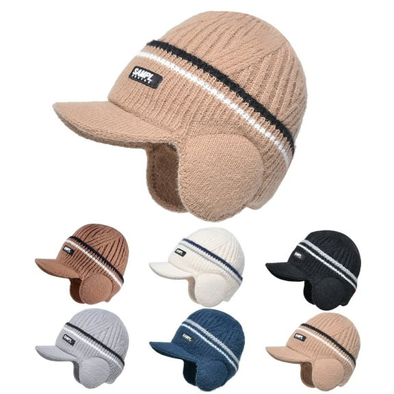Mens Winter Fleece Lined Knit Hat With Visor Warm Earflaps Ski Cap
