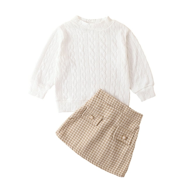 Mialoley Girls Skirt Outfits Solid Color Cable Knit Sweater and Houndstooth Mini Skirt Set 2 Piece Autumn Clothes for Party