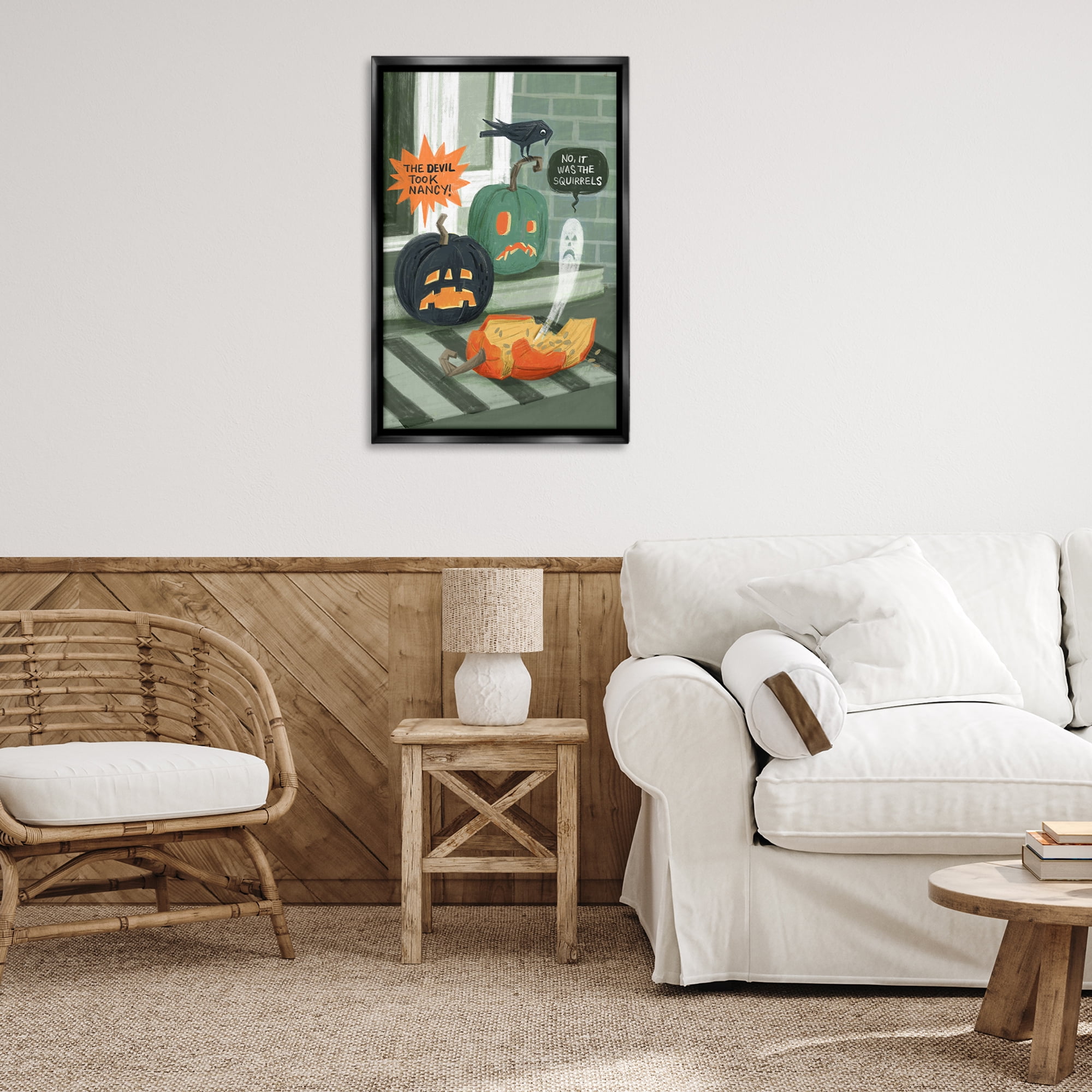Stupell Industries Porch Pumpkins Mystery Holiday Painting Black Floater Framed Canvas Art Print Wall Art, 21 x 31