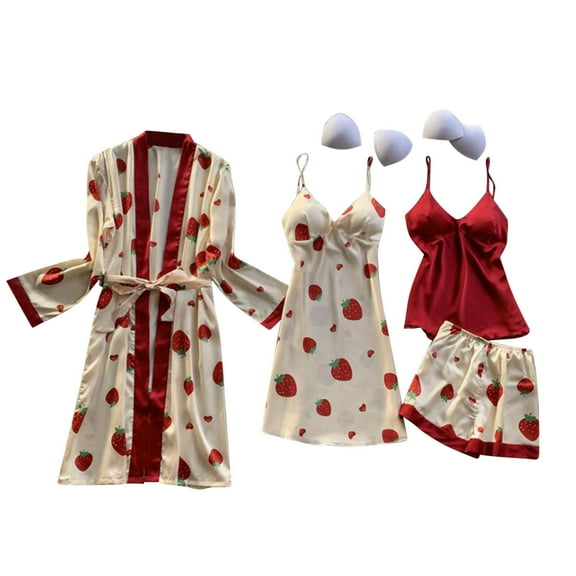 Yievot Valentine's Day Women's 5 Piece Pajamas Sets With Robe Satin Silk Cami Top Nightdress Women Loungewear Pjs Set