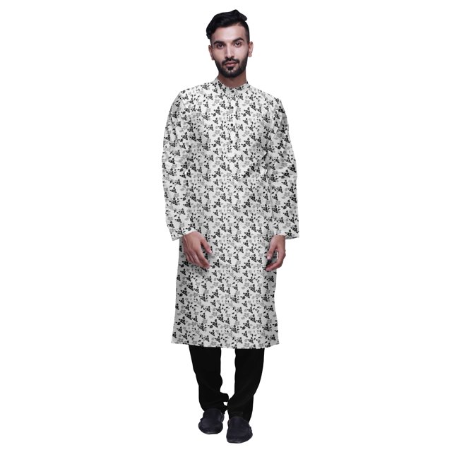 Atasi Ensemble Kurta Traditionnelle en Satin Imprimé Col Mandarin pour Hommes