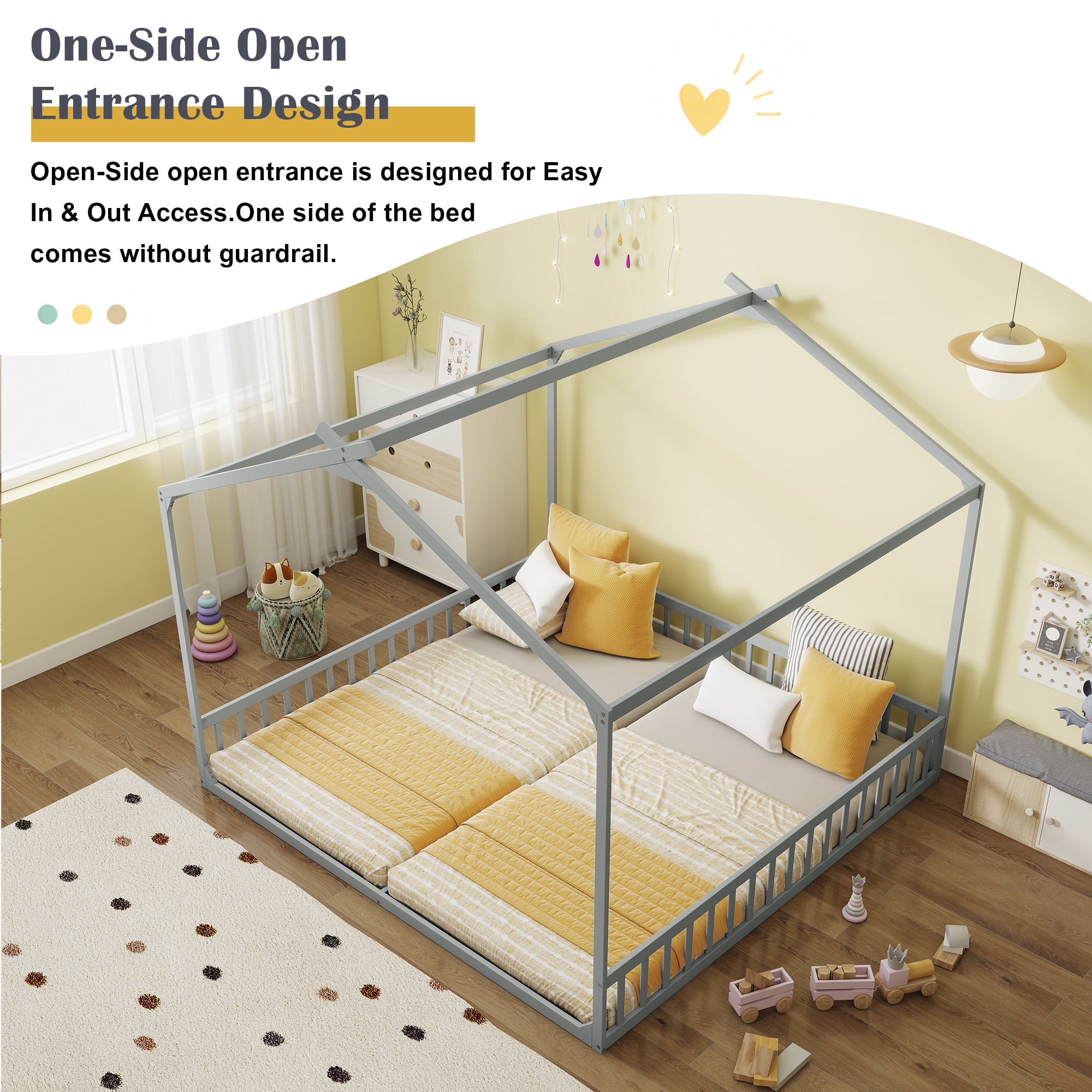 GARITIN Double Twin House Shaped Floor Bed 77.4 Inch, Kids Floor Bed with Safety Guardrails for Children Shared Bedroom, Grey