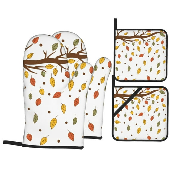 YFYANG Oven Mitts and Pot Holders Sets 4 Pieces, Non-Slip Heat Resistant Falling Leaves Fall Pattern Kitchen Glove Pot Mat for Cooking and Baking