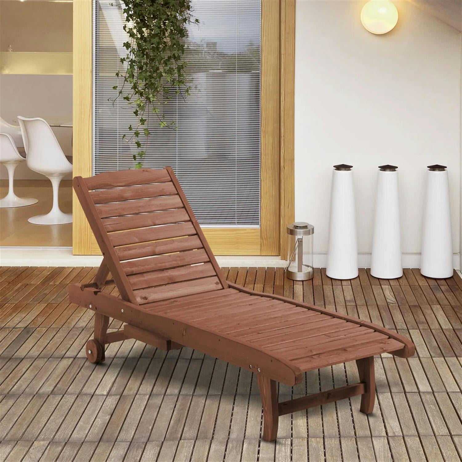 Demi Bonn Outdoor Wooden Chaise Lounge with 3-Position Backrest, Integrated Table & Casters for Beach Poolside Sunbather, Brown