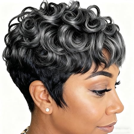 Short Wigs for Black Women Grey Pixie Cut Wigs for Women | Black Mixed Grey Pixie Wigs With Bangs Synthetic Salt and Pepper Pixie Curly Wigs for Women Short Wigs