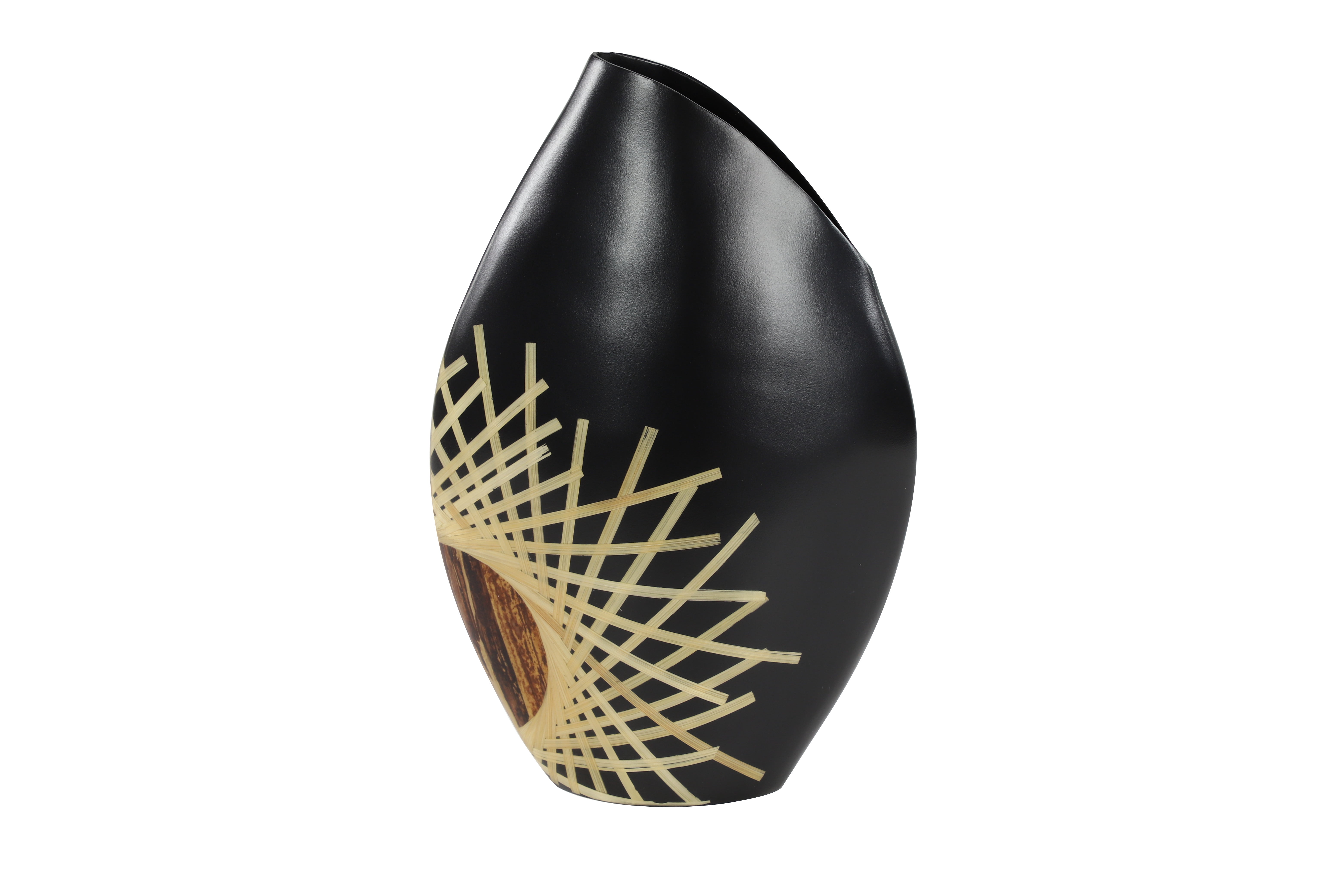 Decmode - Large Black Glazed & Bamboo Inlay Banana Wood Vase w/ Exposed Bark Detail, 11.5” x 18”