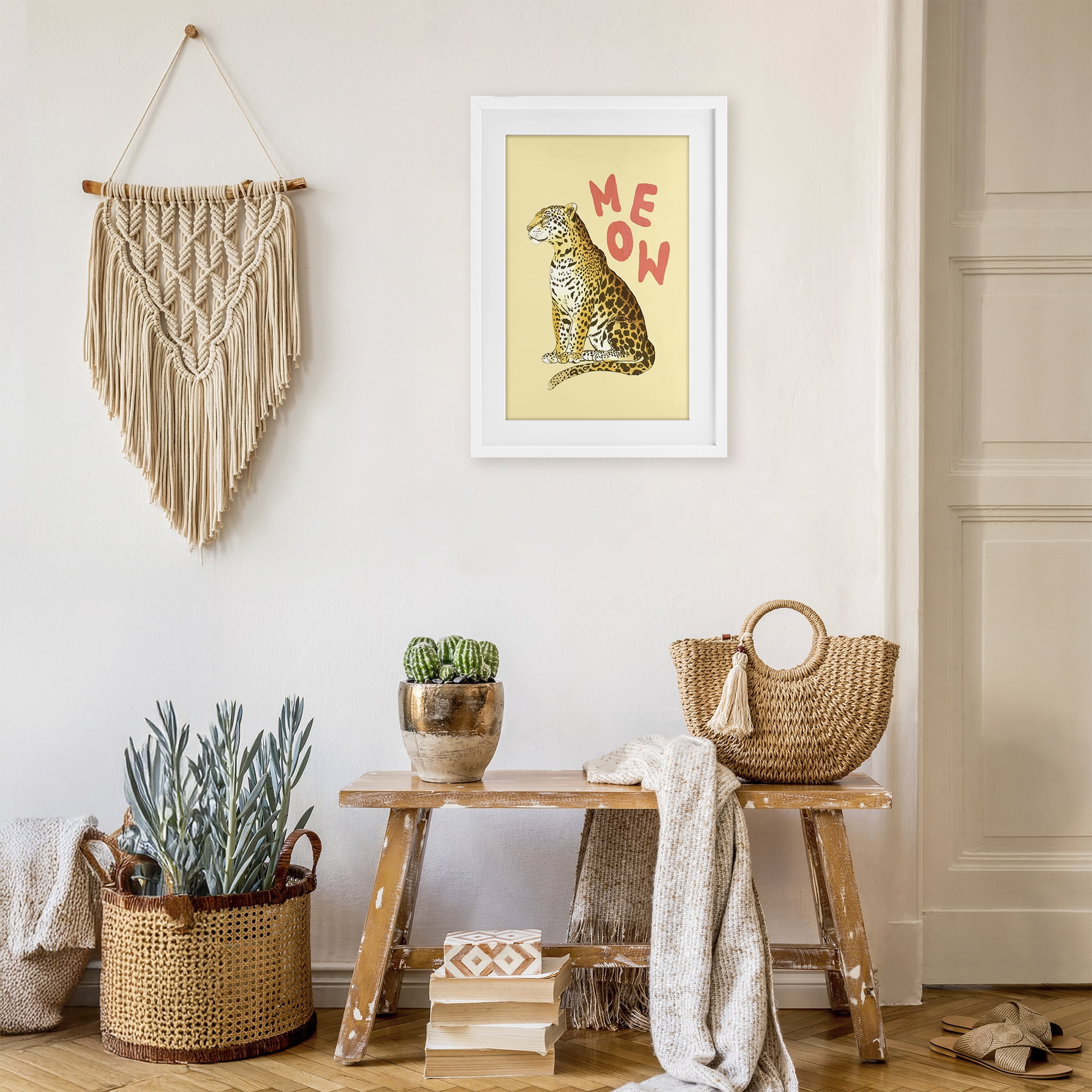 Stupell Industries Meow Leopard on Yellow White Framed Print Under Glass, design by Florentina Dolci