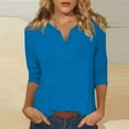 thumbnail image 2 of DENGDENG Casual Tops for Women 3/4 Sleeves Summer V-Neck T Shirts Spring Elbow Sleeve Shirts Dressy Three Quarter Length Tunics Loose Solid Color Blouses Blue M, 2 of 6