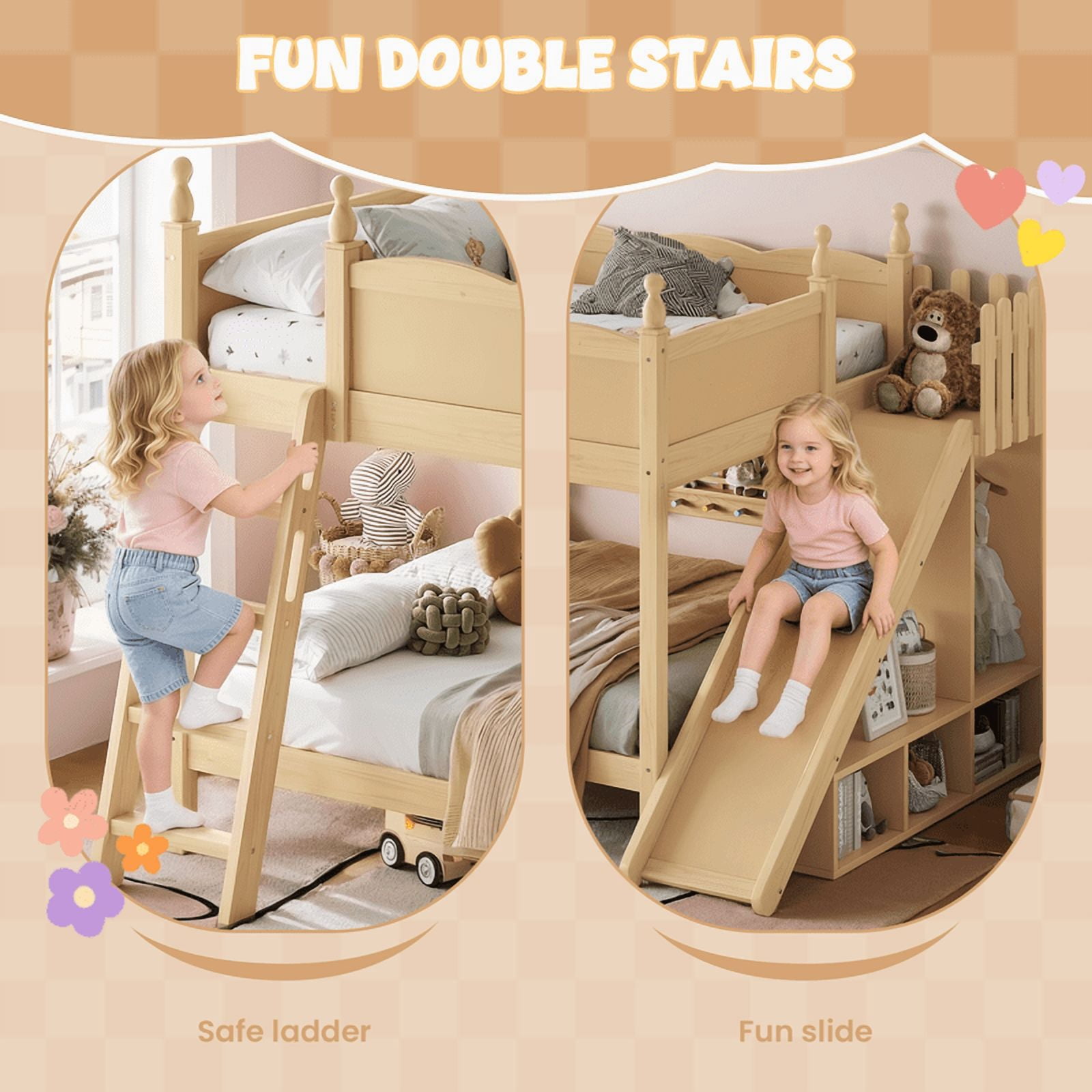 Full Over Full Bunk Bed with Slide and Ladder, Solid Wood Kids Bunk Bed with Storage Shelves and Hanging Rod, Low Profile Design, Full-Length Guardrails