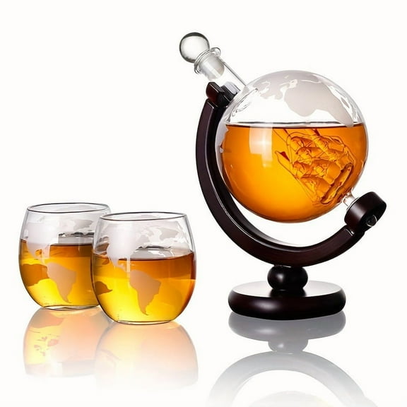Vintage Globe Decanter with Ship - Glass Whiskey Decanter Set, Decorative Alcohol Dispenser for Bourbon, Scotch & Rum, Unique Barware Gift for Men