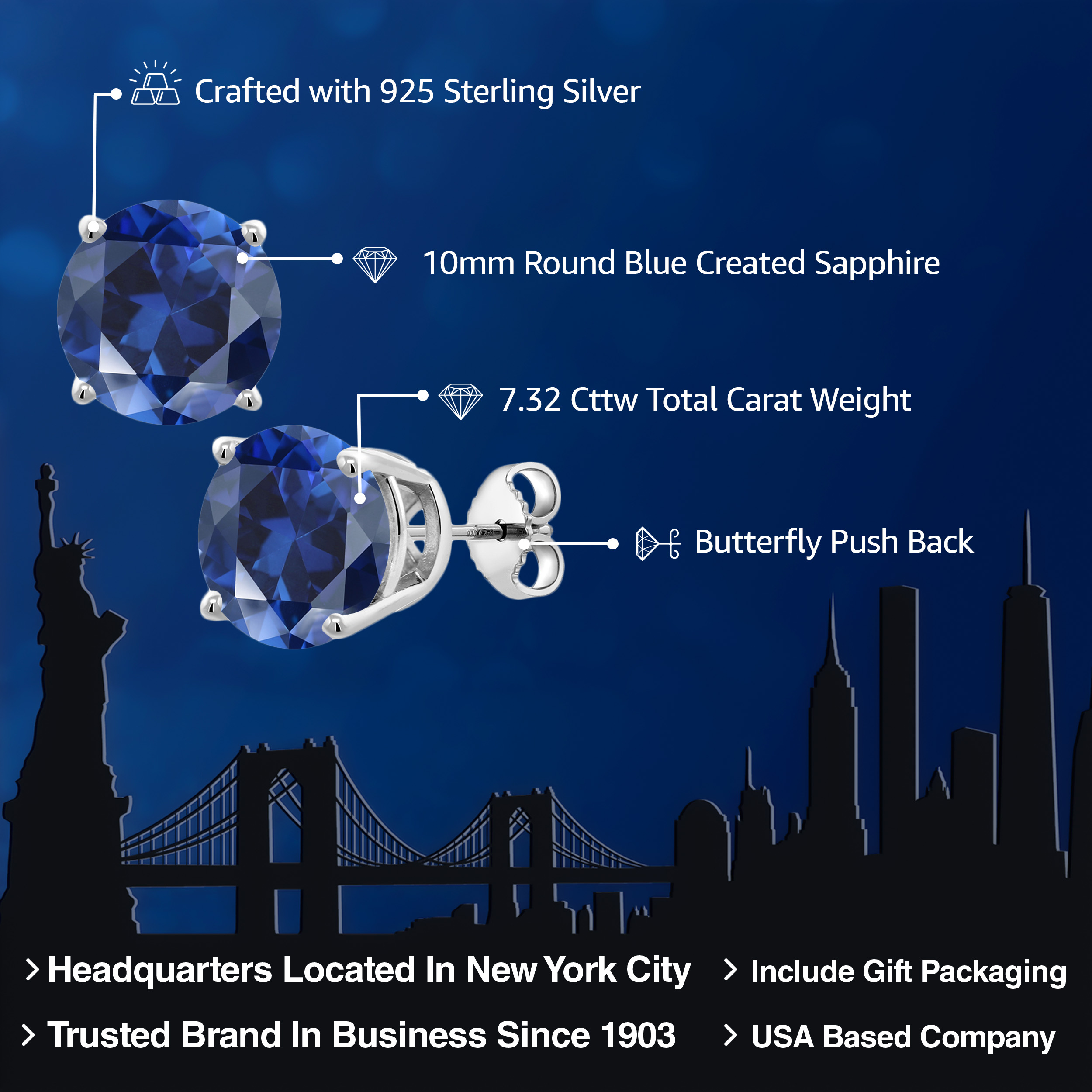 Gem Stone King 925 Sterling Silver Blue Created Sapphire Stud Earrings for Women Men (7.32 Cttw, Round 10MM)