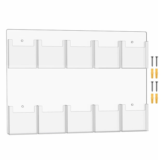 Marketing Holders 2 Pack Brochure Holder with Hanging Hardware 10 Clear Pockets Wall Mount Acrylic Holds 4" Index Recipe or Time Cards Literature Display Rack Multi Slot Organizer