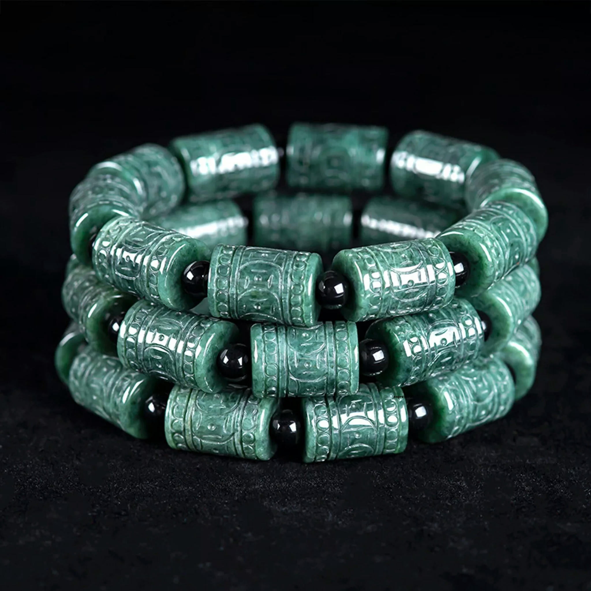 HOOUN Natural Grade A Jade Jadeite Men Women Carved Coin Column Round Beads Bracelet