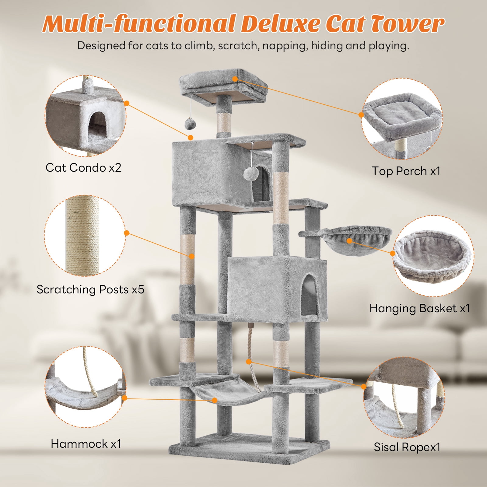 SHOUFTW 66in Cat Tree, Space-Saving Indoor Cat Tower with Large Top Perch and Hammock for Multi-Cat Households, Light Gray