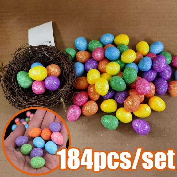 Cheers.US 184Pcs/Set Easter Egg Ornaments Multi-Color Glitter Mini-Eggs Foam, Easter Egg Lovely Cartoon Foam Glitter Easter Foam Egg for Celebration,Great Gifts for Boys and Girls
