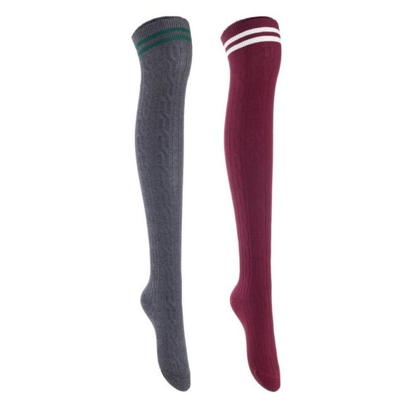 Lian Style Women's 2 Pairs Incredible Durable Super Soft Unique Over Knee High Thigh High Cotton Socks Size 6-9 J1023 Dark Grey, Wine