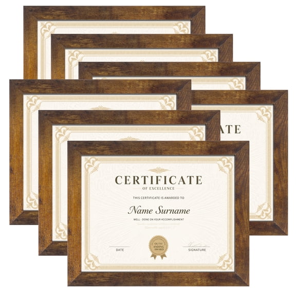 8.5x11 Picture Frame Set of 7, Award Certificate Diploma Document Bulk 8.5 by 11 College Frames for Wall or Tabletop Display, Brown