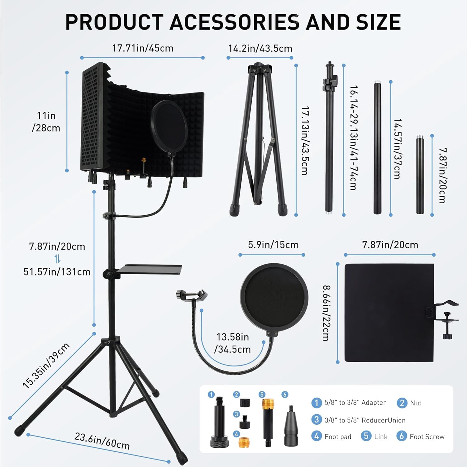 5-Sided Isolation Shield Microphone Stand with  Filter and High-Density Foam, Adjustable Tripod for Home Studio Podcasting