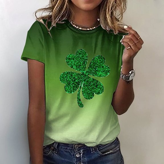 Babysbule Fashion Women's Summer St. Patrick's Day Tops Half Sleeve Pullover Solid Color Printed Casual Blouse Tops