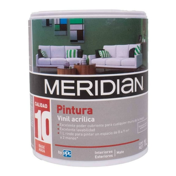 Pintura Meridian Vinil Acrílica Interiores y Exteriores Mate 1 Litro