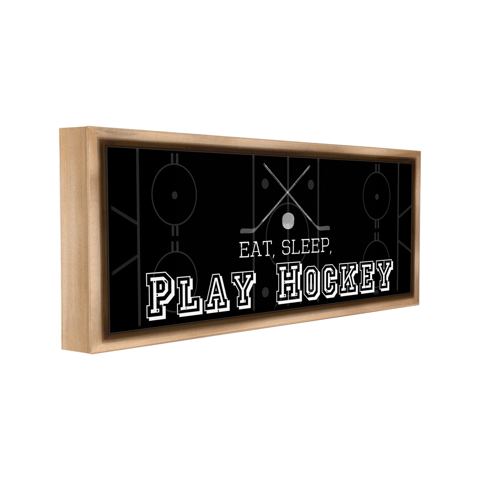 Stupell Industries Eat Sleep Hockey Phrase Sports Painting Brown Floater Framed Canvas Art Print Wall Art, 31 x 14