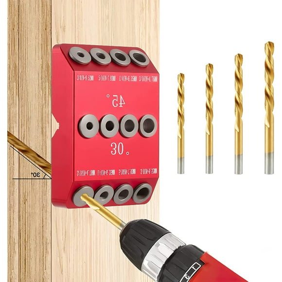 LAICAIW Drill Guide Jig, 4 Bits for Straight and 30 45 90 Degree Angled Holes, 4 Sizes, All Metal Jig for Stairs Handrail, Cable Railing, Deck, Wood Post and Lag Screw