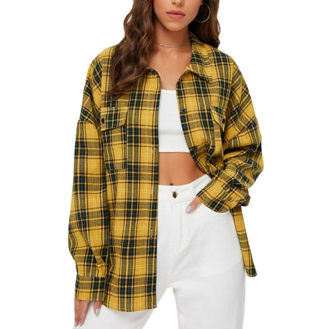 Women Plaid Flannel Shirt Jacket Button Down Lapel Long Sleeve Shirts Blouse Shacket Cardigan Coats Fall Spring Clothes