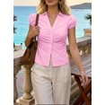 thumbnail image 5 of Women Puff Short Sleeve Button Down Shirt Collared Ruched Fitted Blouse, 5 of 6