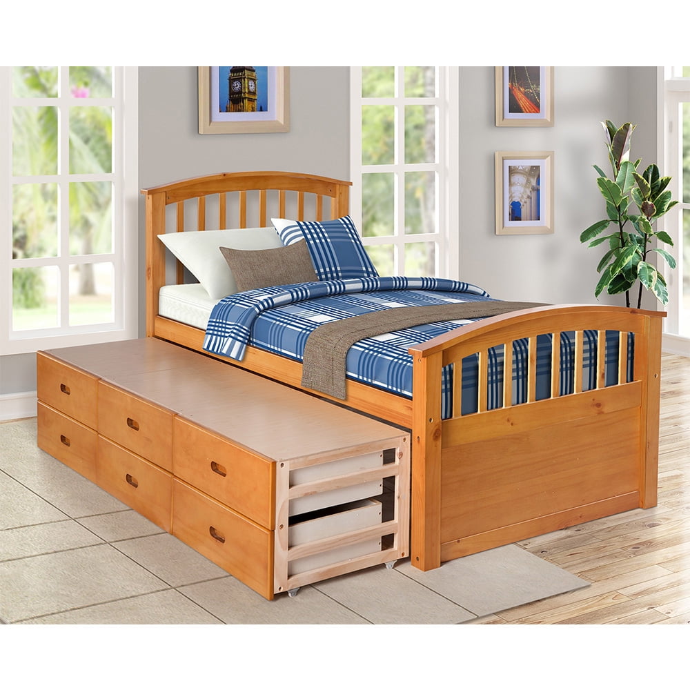 Private Jungle Solid Wood Twin Size Bed with Storage, Platform Bed with 6 Drawers-Oak